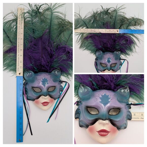 Vintage Clay Art Ceramic Wall Mask Teal Purple Feathers Cat Eye Masquerade 90s - Picture 9 of 12